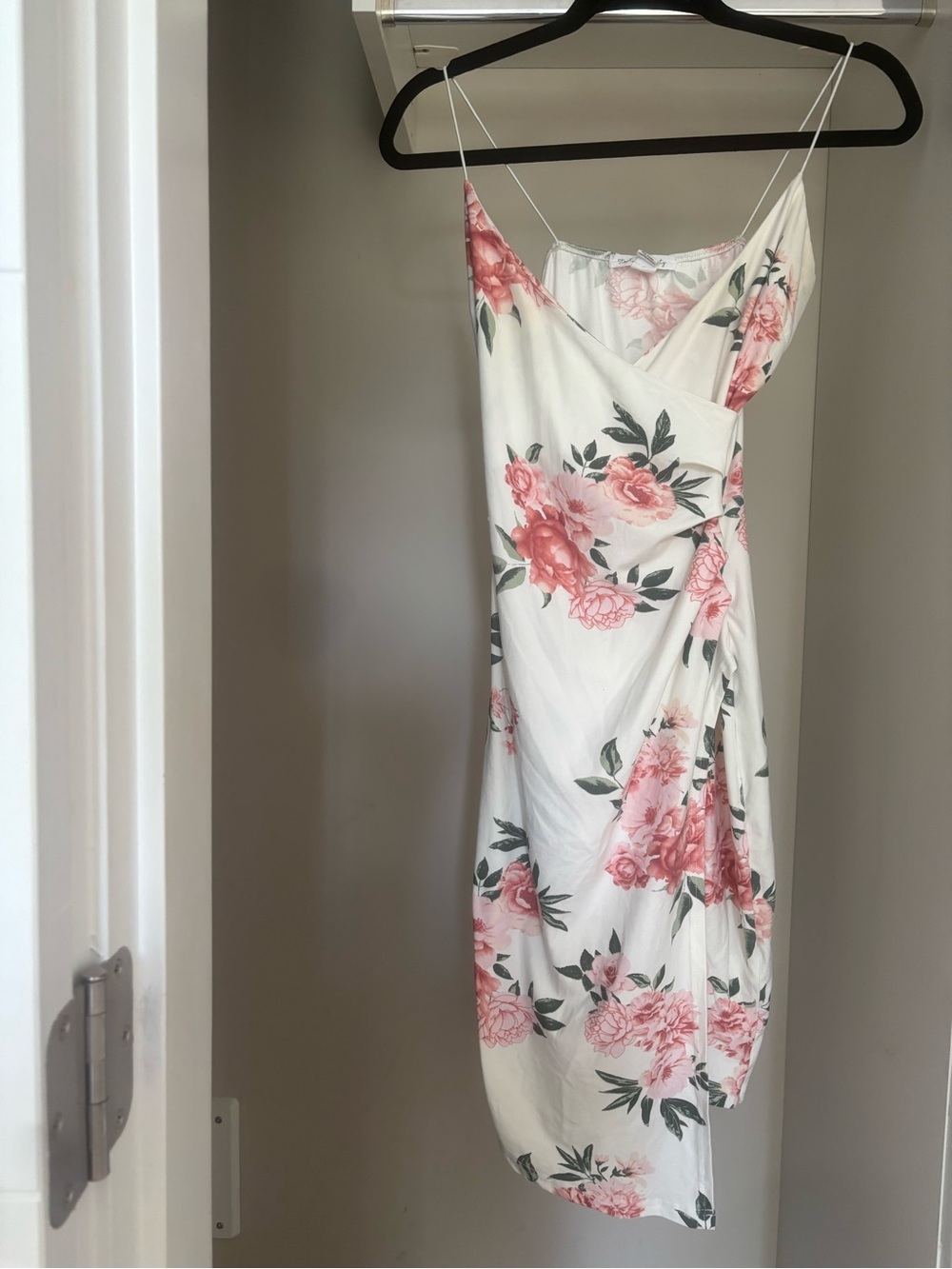 Floral Dress Spaghetti Strap White Pink Green with Slit & Asymmetrical Design